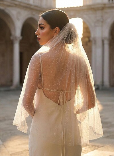 Cut Edge Sequin One-Tier Tulle Fingertip Bridal Veils