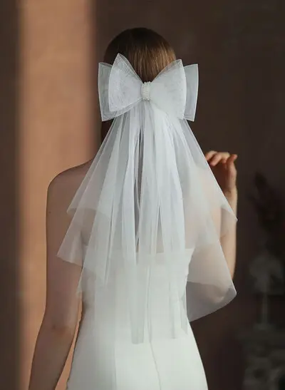 Two-Tier Tulle Elbow-Length Bridal Veil with Cut Edge and Bow