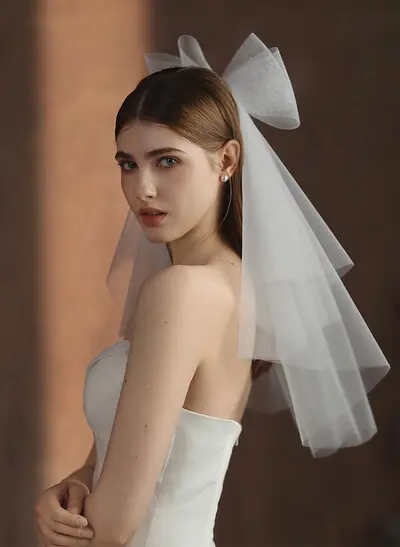 Two-Tier Tulle Elbow-Length Bridal Veil with Cut Edge and Bow