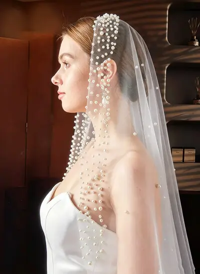 Single Tier Cut Edge Tulle Elbow Length Bridal Veil with Faux Pearls