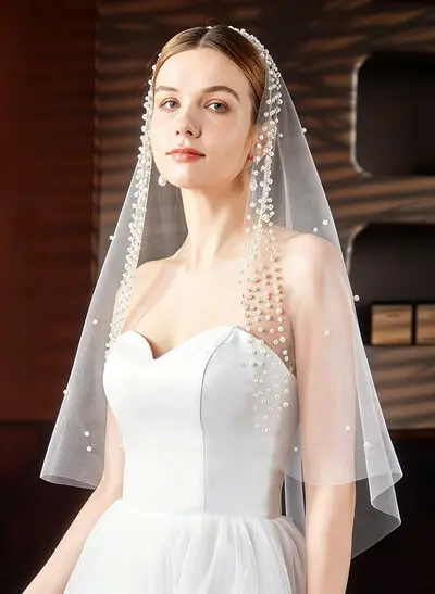 Single Tier Cut Edge Tulle Elbow Length Bridal Veil with Faux Pearls