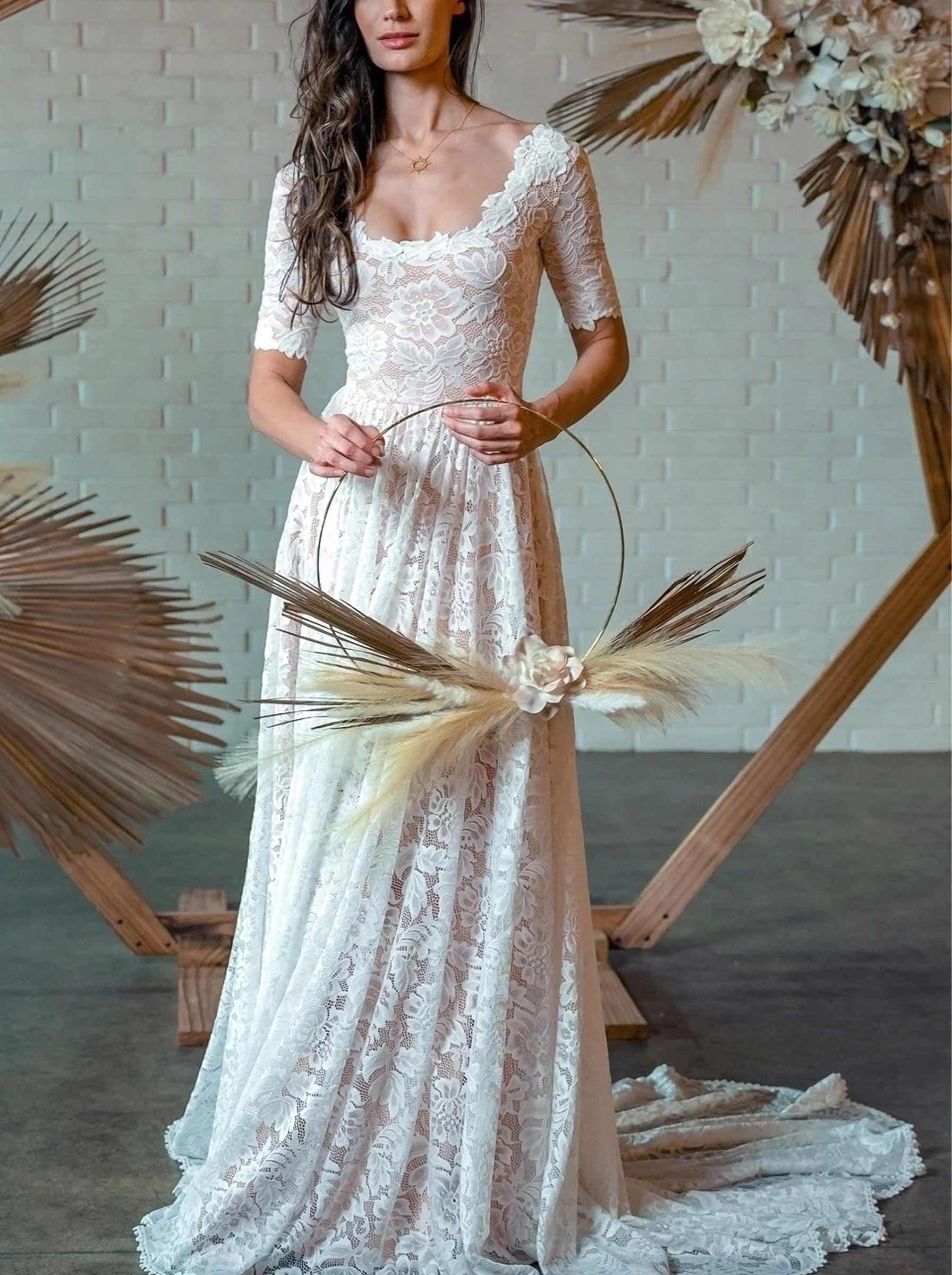 A-Line Square Neckline 1/2 Sleeves Chapel Train Lace Bride Wedding Dress With Pleated