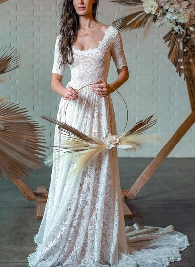 A-Line Square Neckline 1/2 Sleeves Chapel Train Lace Bride Wedding Dress With Pleated