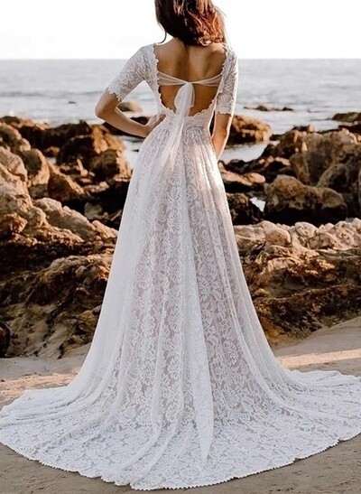 A-Line Square Neckline 1/2 Sleeves Chapel Train Lace Bride Wedding Dress With Pleated