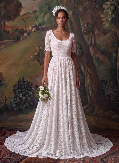 A-Line Square Neckline 1/2 Sleeves Chapel Train Lace Wedding Dress With Pleated