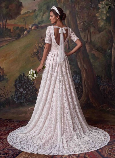A-Line Square Neckline 1/2 Sleeves Chapel Train Lace Wedding Dress With Pleated