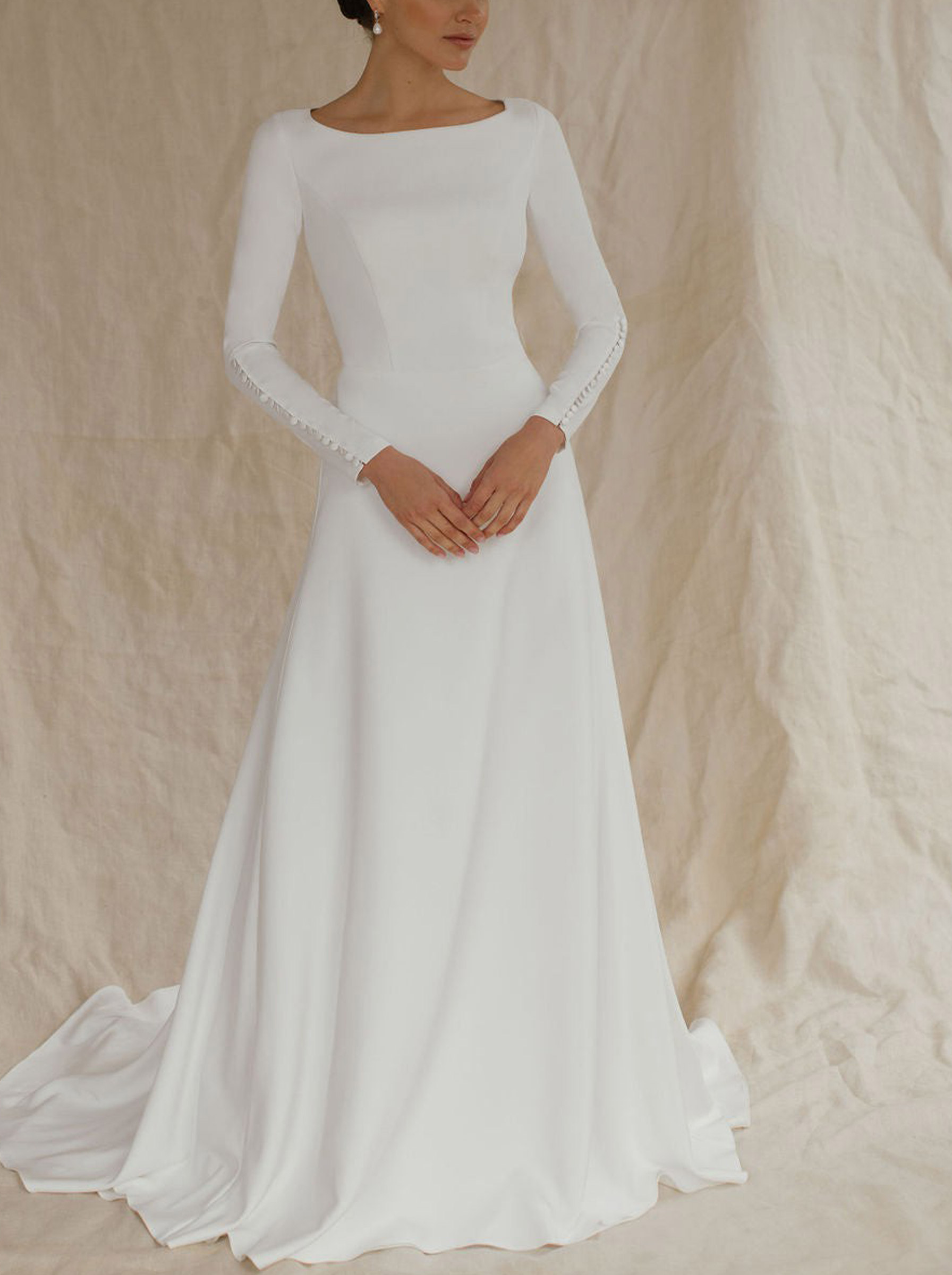 A-Line Scoop Neck Long Sleeves Court Train Elastic Satin Bride Wedding Dress