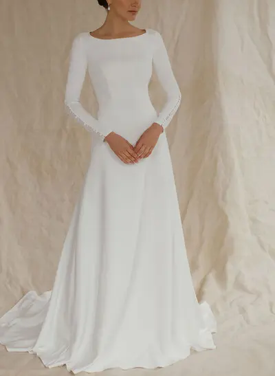 A-Line Scoop Neck Long Sleeves Court Train Elastic Satin Bride Wedding Dress