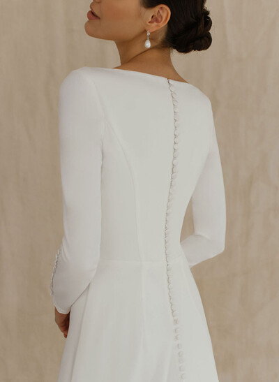 A-Line Scoop Neck Long Sleeves Court Train Elastic Satin Bride Wedding Dress
