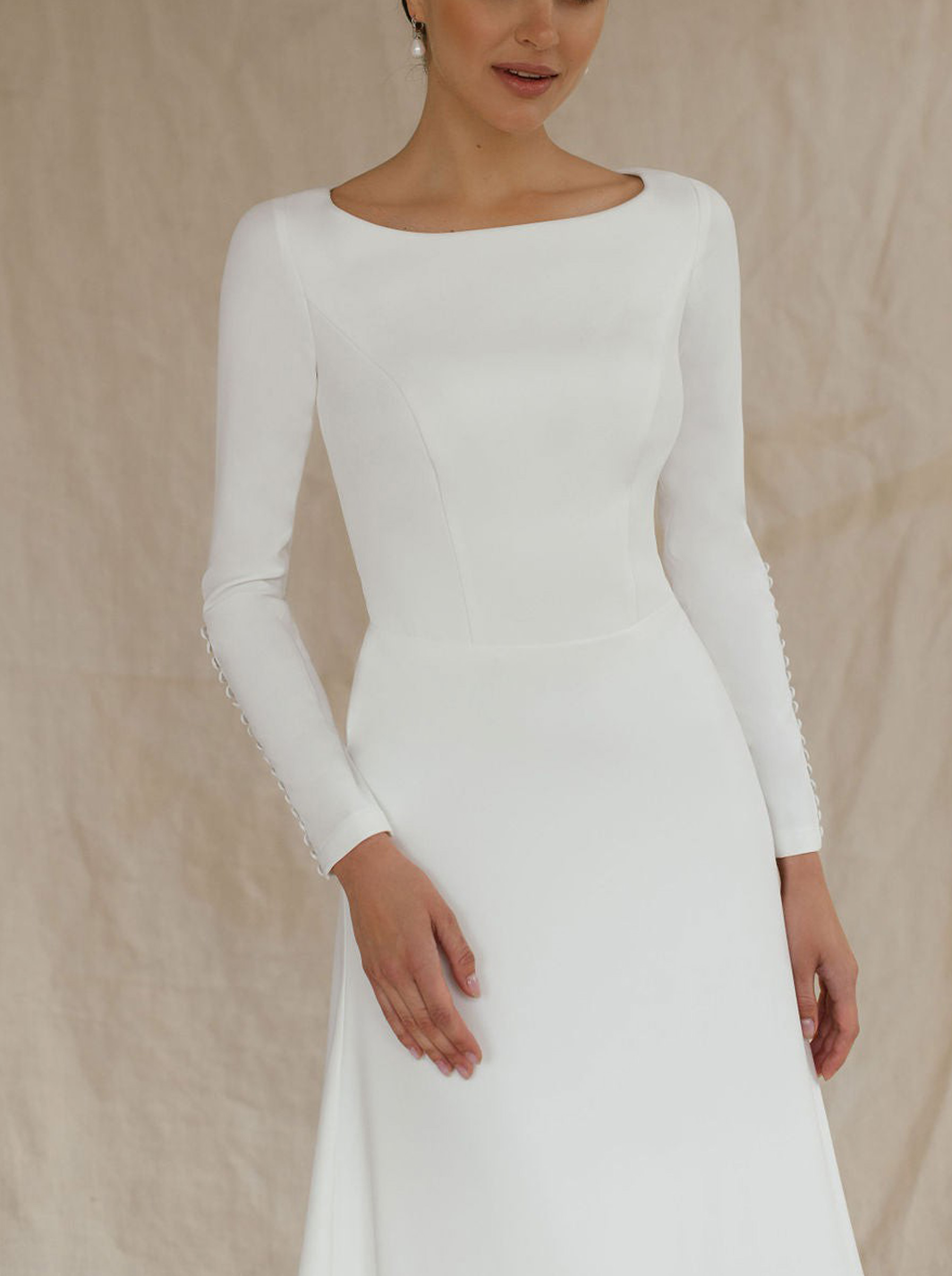 A-Line Scoop Neck Long Sleeves Court Train Elastic Satin Bride Wedding Dress