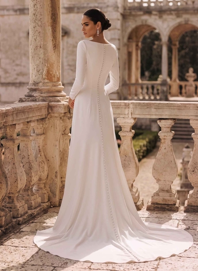 A-Line Scoop Neck Long Sleeves Court Train Elastic Satin Wedding Dress