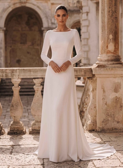 A-Line Scoop Neck Long Sleeves Court Train Elastic Satin Wedding Dress