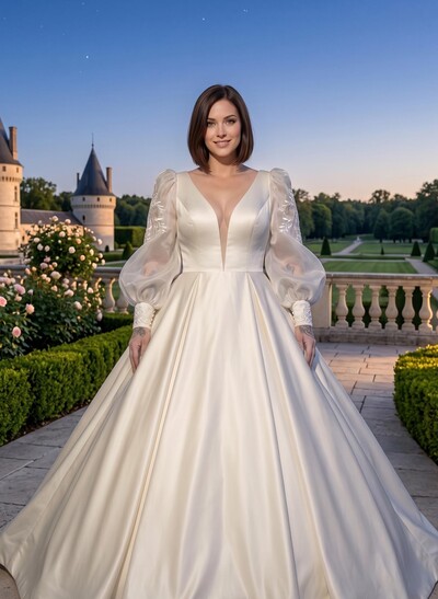 Ball-Gown Plunge Neck Long Sleeves Floor-Length Twill Satin Bride Wedding Dress