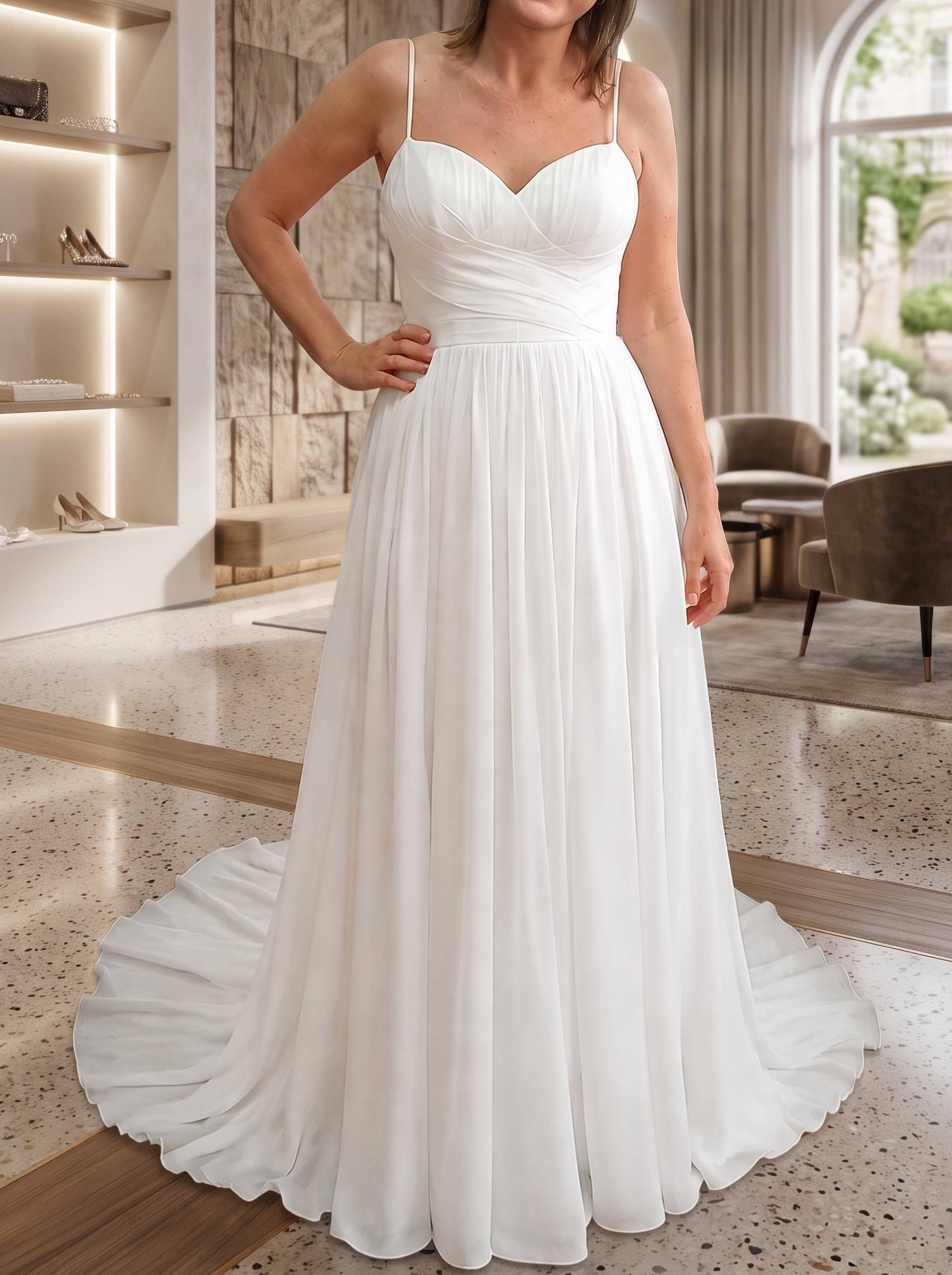A-Line Sweetheart Sleeveless Court Train Chiffon Bride Wedding Dress With Pleated