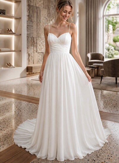 A-Line Sweetheart Sleeveless Court Train Chiffon Wedding Dress With Pleated