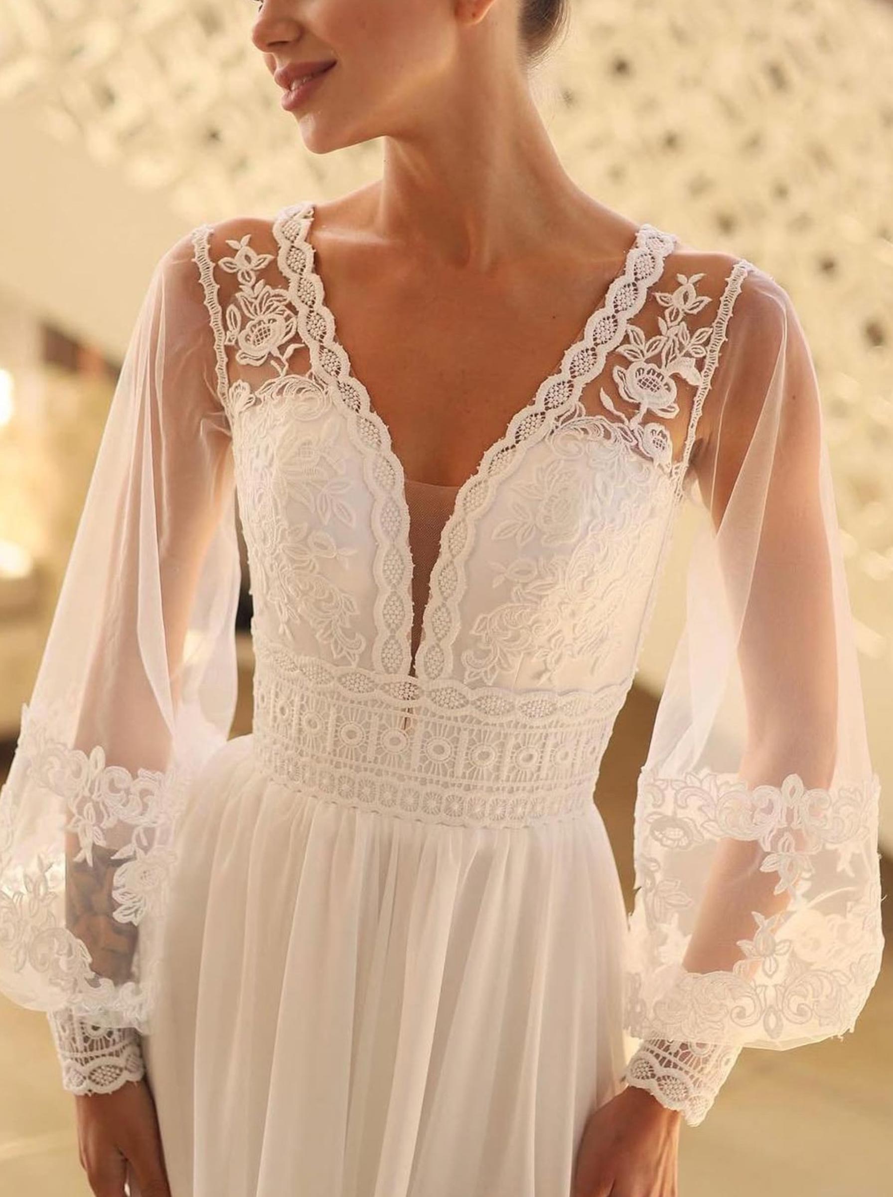 A-Line Plunge Neck Long Sleeves Floor-Length Chiffon/Lace Bride Wedding Dress With Pleated