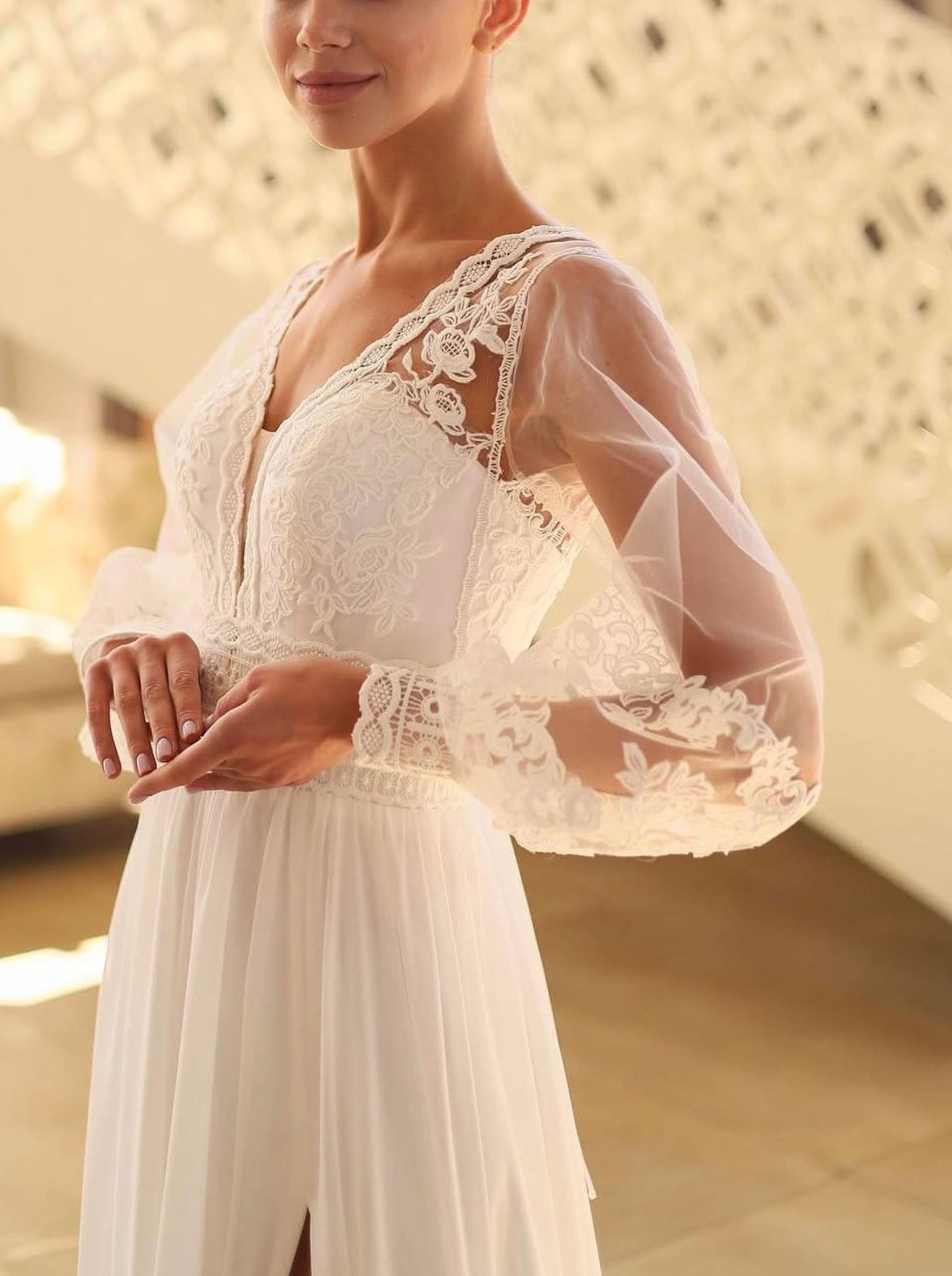 A-Line Plunge Neck Long Sleeves Floor-Length Chiffon/Lace Bride Wedding Dress With Pleated