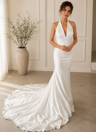 Trumpet/Mermaid Halter Sleeveless Chapel Train Crepe Satin Wedding Dress