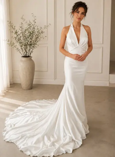 Trumpet/Mermaid Halter Sleeveless Chapel Train Crepe Satin Wedding Dress
