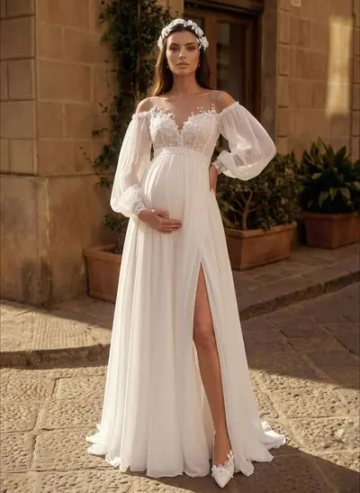 A-Line Off-The-Shoulder Long Sleeves Floor-Length Chiffon Maternity Wedding Dresses With Lace/High Split