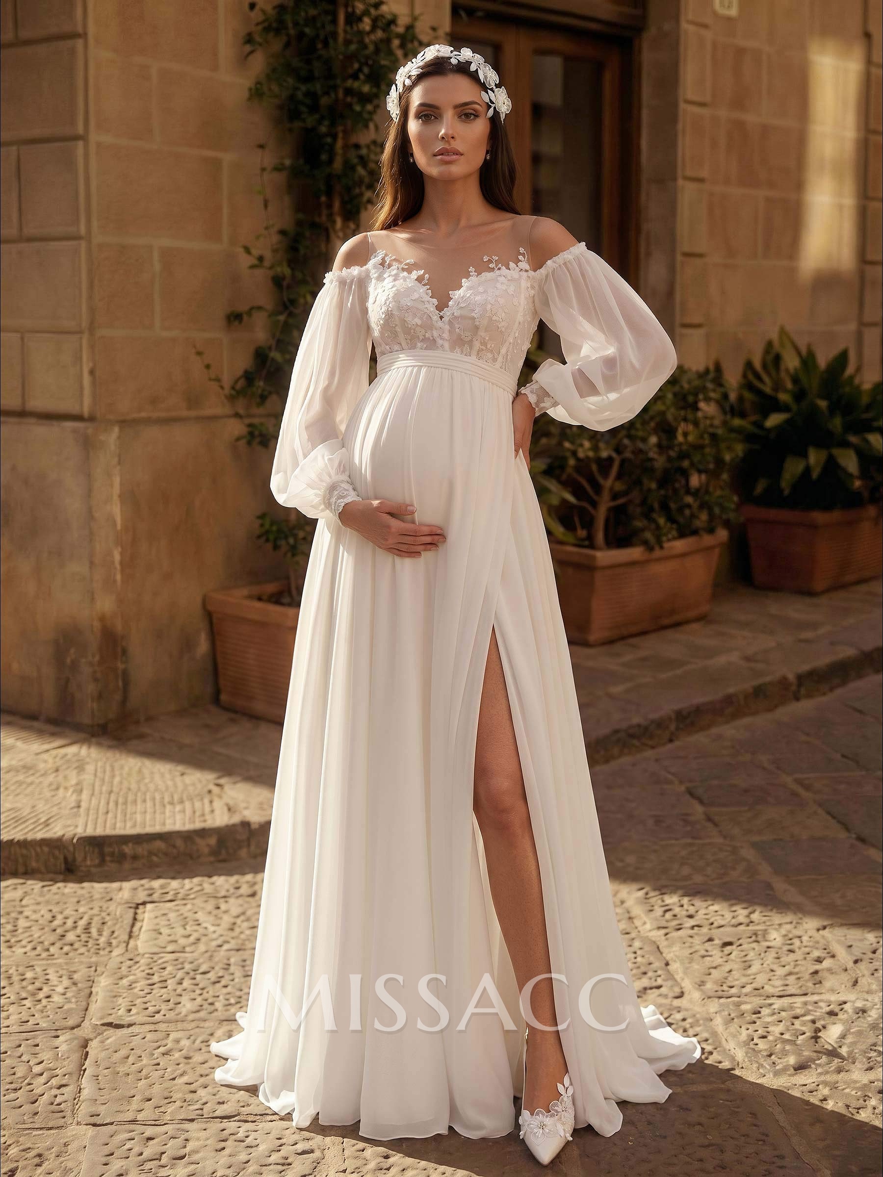 A-Line Off-The-Shoulder Long Sleeves Floor-Length Chiffon Maternity Wedding Dresses With Lace/High Split