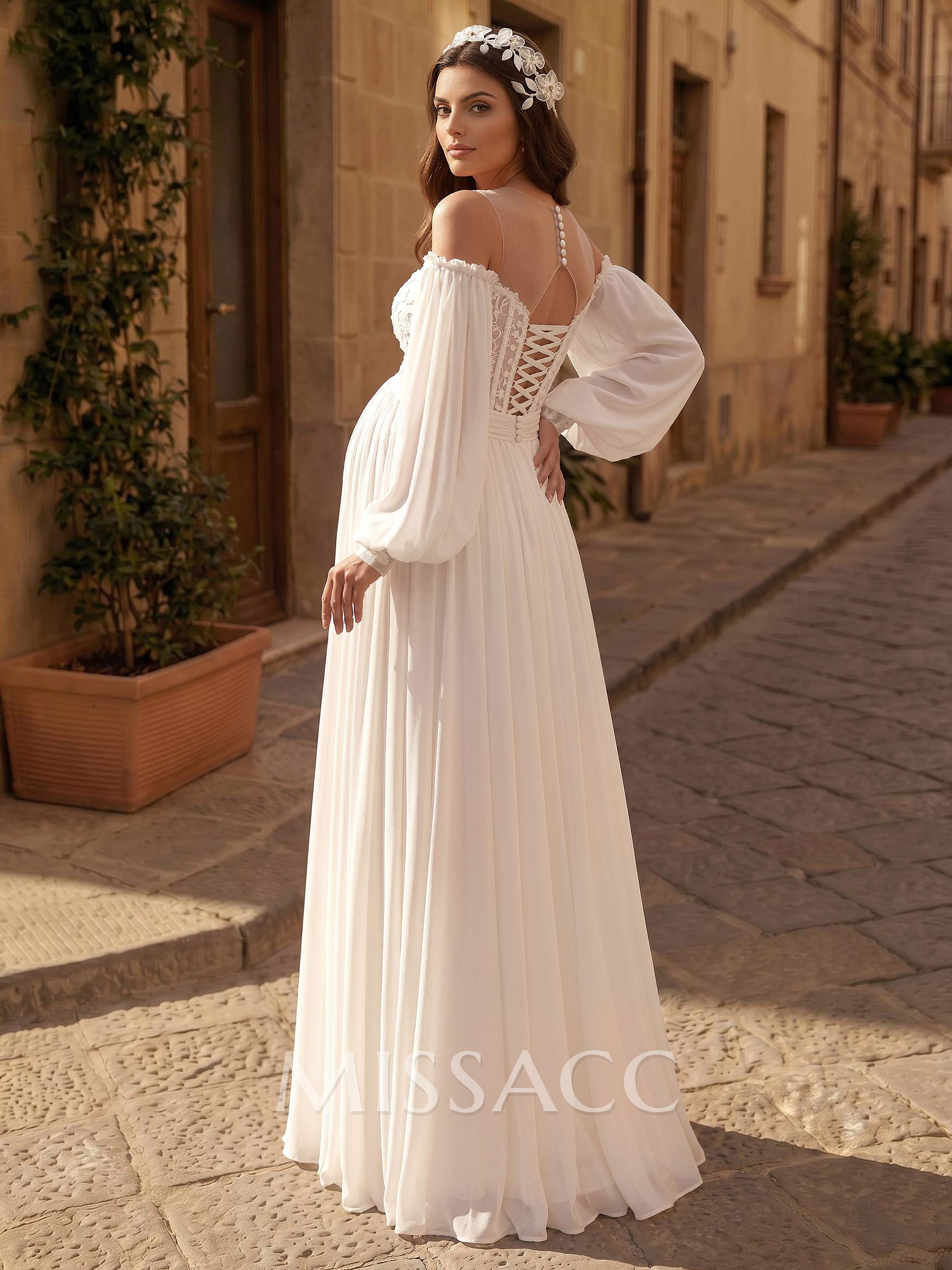 A-Line Off-The-Shoulder Long Sleeves Floor-Length Chiffon Maternity Wedding Dresses With Lace/High Split