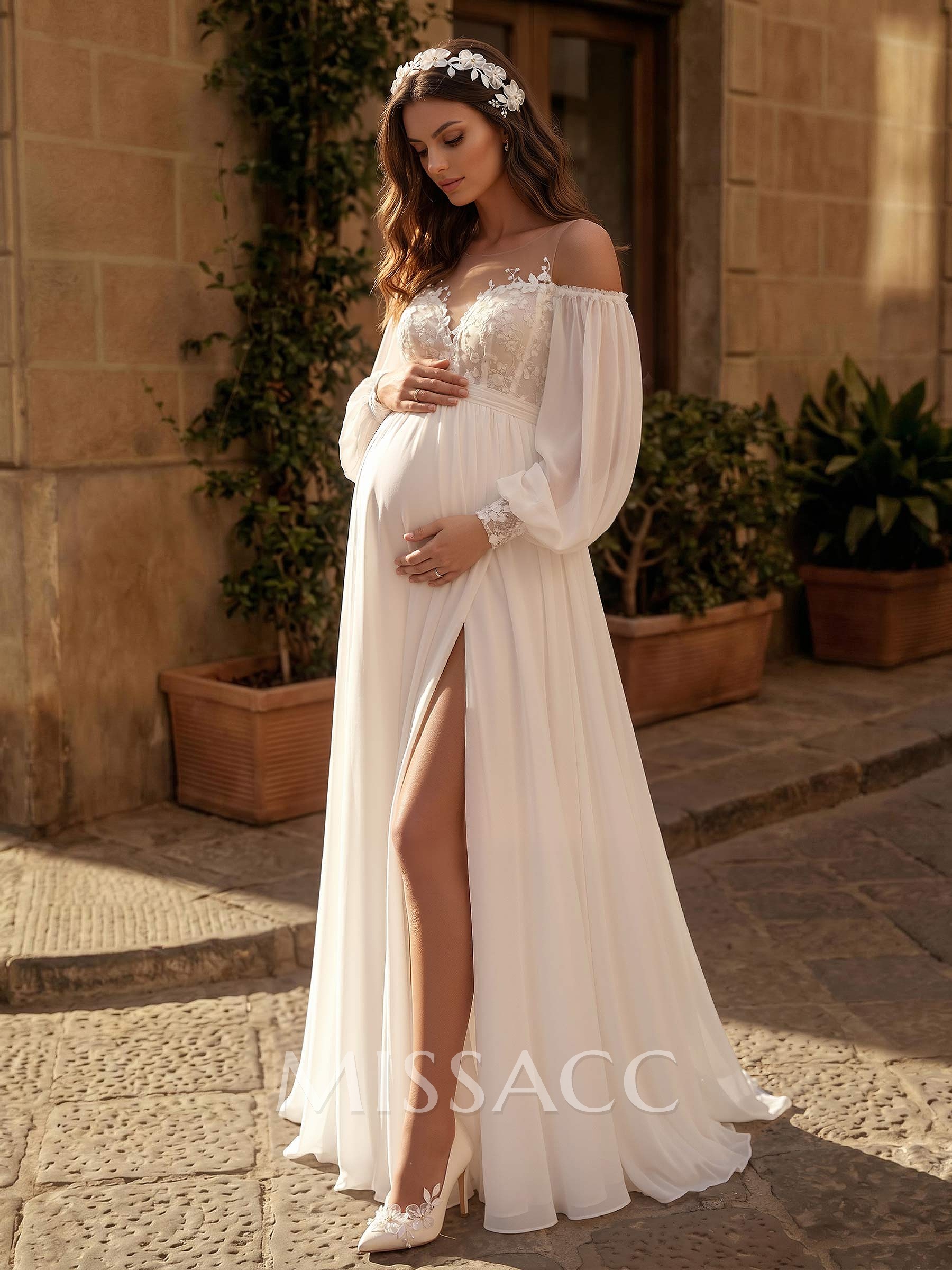 A-Line Off-The-Shoulder Long Sleeves Floor-Length Chiffon Maternity Wedding Dresses With Lace/High Split