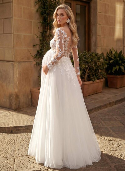 A-Line Scoop Neck Long Sleeves Floor-Length Satin/Tulle Maternity Wedding Dresses With Appliques Lace