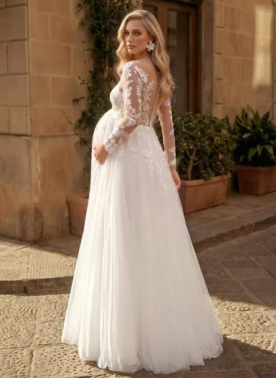 A-Line Scoop Neck Long Sleeves Floor-Length Satin/Tulle Maternity Wedding Dresses With Appliques Lace