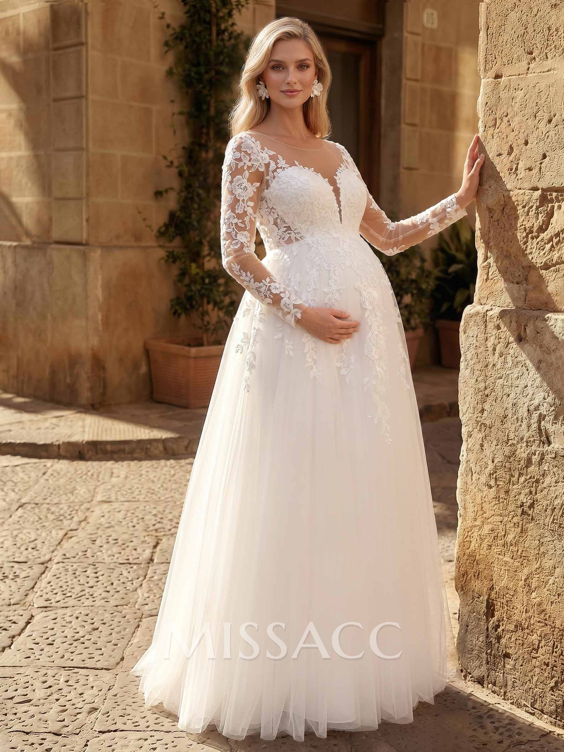 A-Line Scoop Neck Long Sleeves Floor-Length Satin/Tulle Maternity Wedding Dresses With Appliques Lace