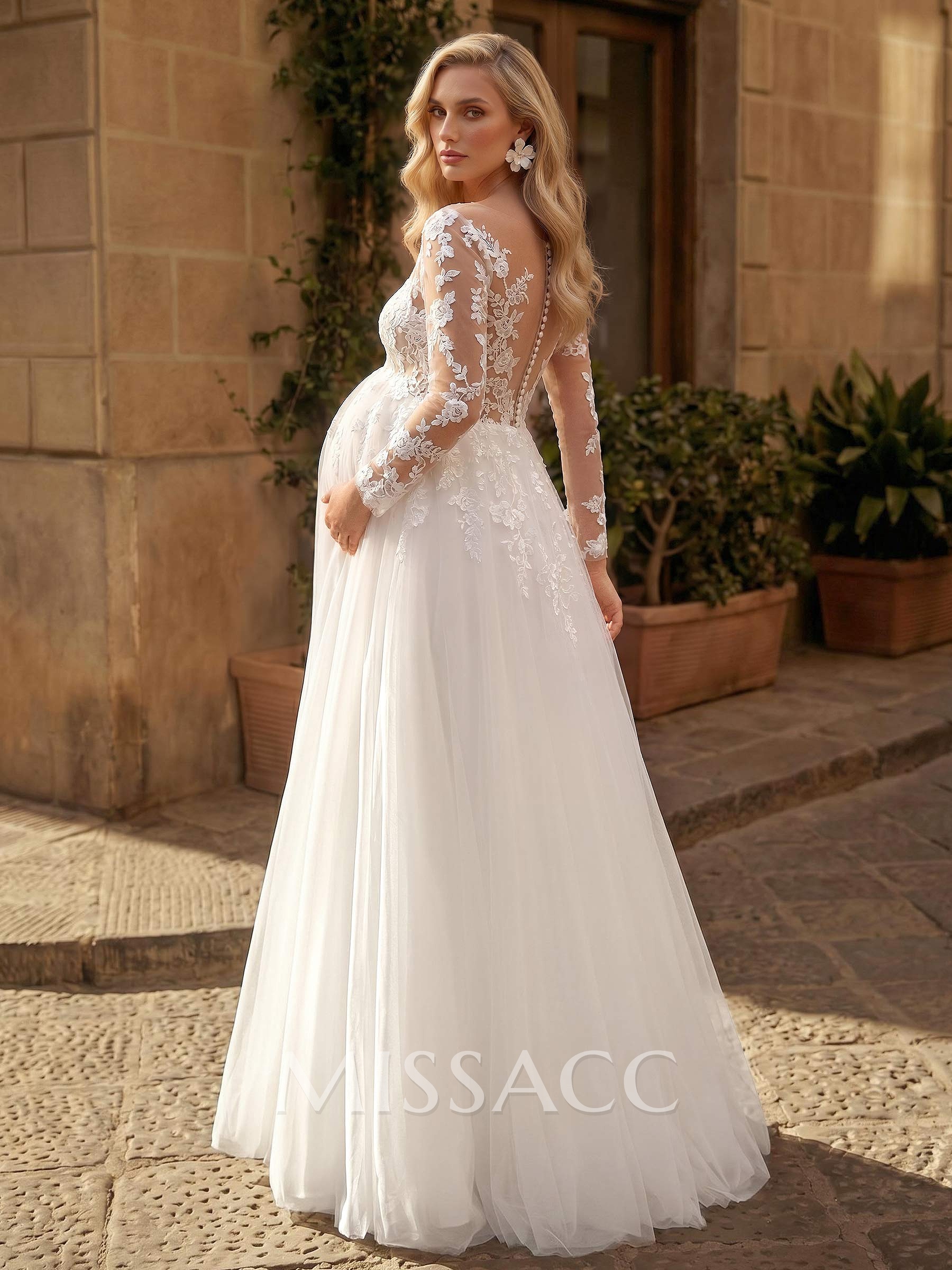 A-Line Scoop Neck Long Sleeves Floor-Length Satin/Tulle Maternity Wedding Dresses With Appliques Lace