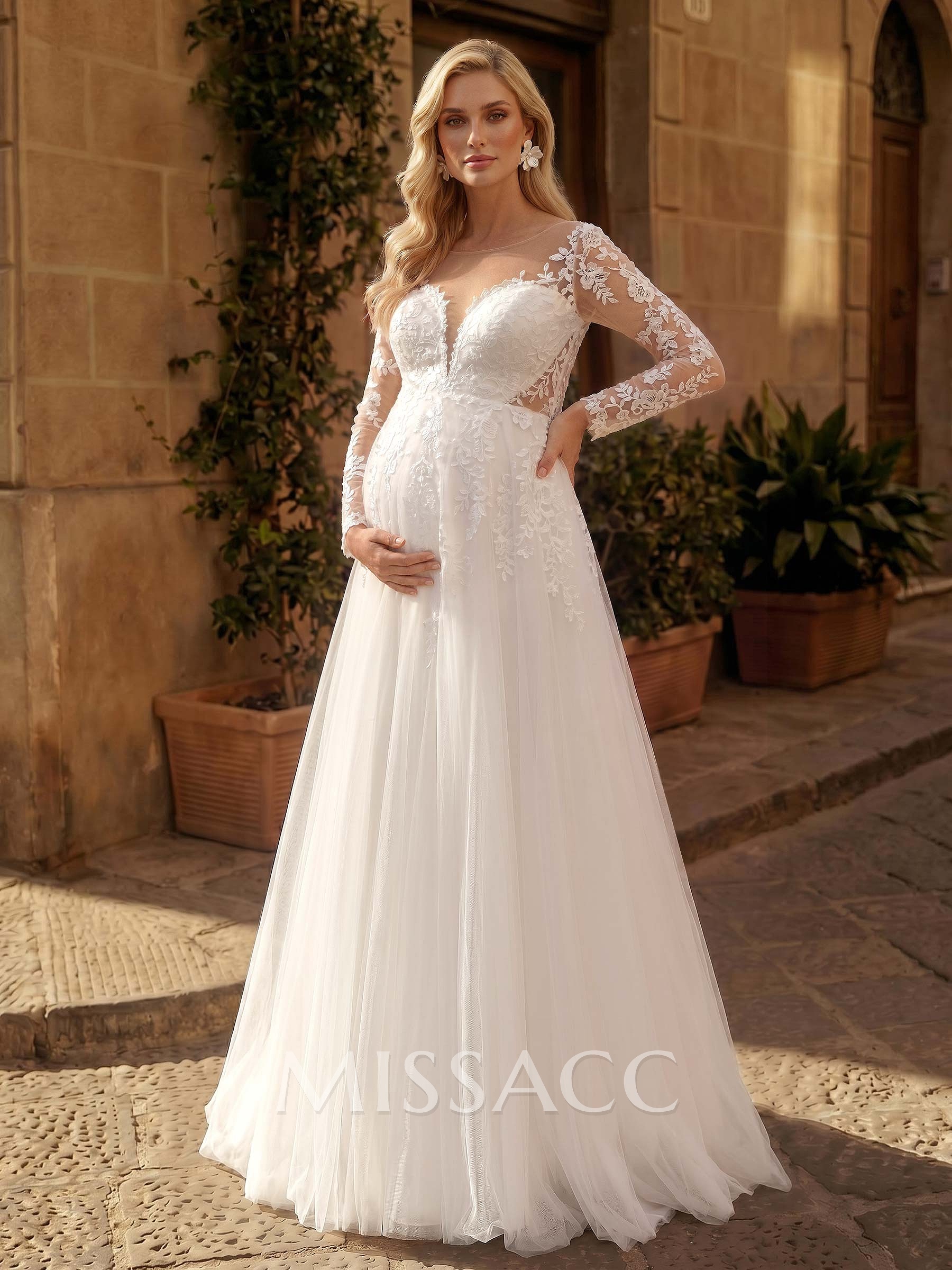 A-Line Scoop Neck Long Sleeves Floor-Length Satin/Tulle Maternity Wedding Dresses With Appliques Lace