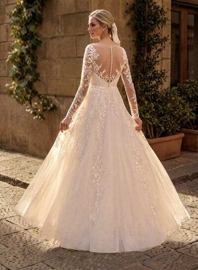 A-Line Scoop Neck Long Sleeves Floor-Length Satin/Tulle Maternity Wedding Dresses With Appliques Lace