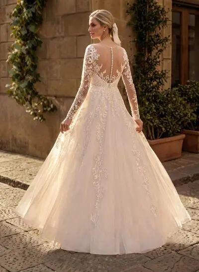 A-Line Scoop Neck Long Sleeves Floor-Length Satin/Tulle Maternity Wedding Dresses With Appliques Lace
