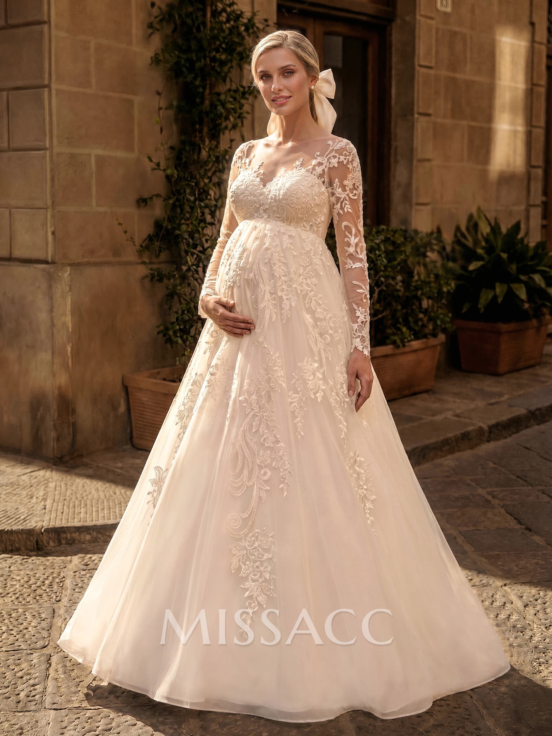A-Line Scoop Neck Long Sleeves Floor-Length Satin/Tulle Maternity Wedding Dresses With Appliques Lace