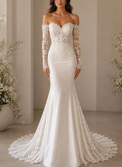 Trumpet/Mermaid Off-The-Shoulder Long Sleeves Court Train Lace/Tulle Wedding Dress