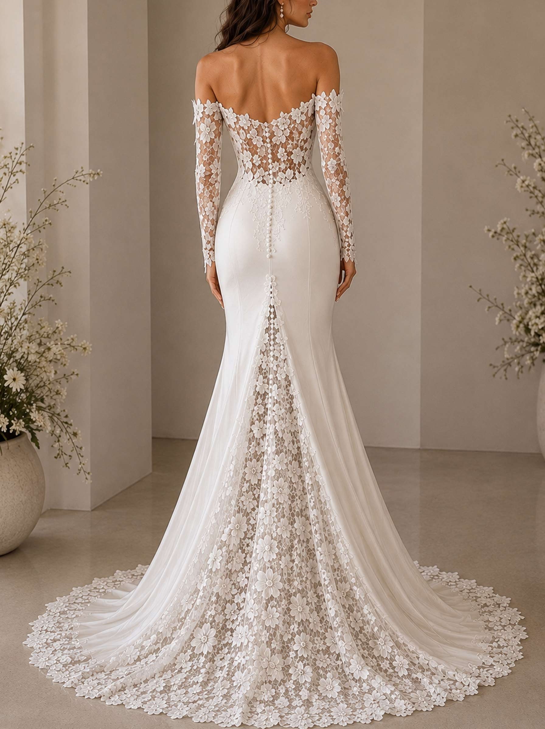 Trumpet/Mermaid Off-The-Shoulder Long Sleeves Court Train Lace/Tulle Wedding Dress