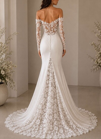 Trumpet/Mermaid Off-The-Shoulder Long Sleeves Court Train Lace/Tulle Wedding Dress