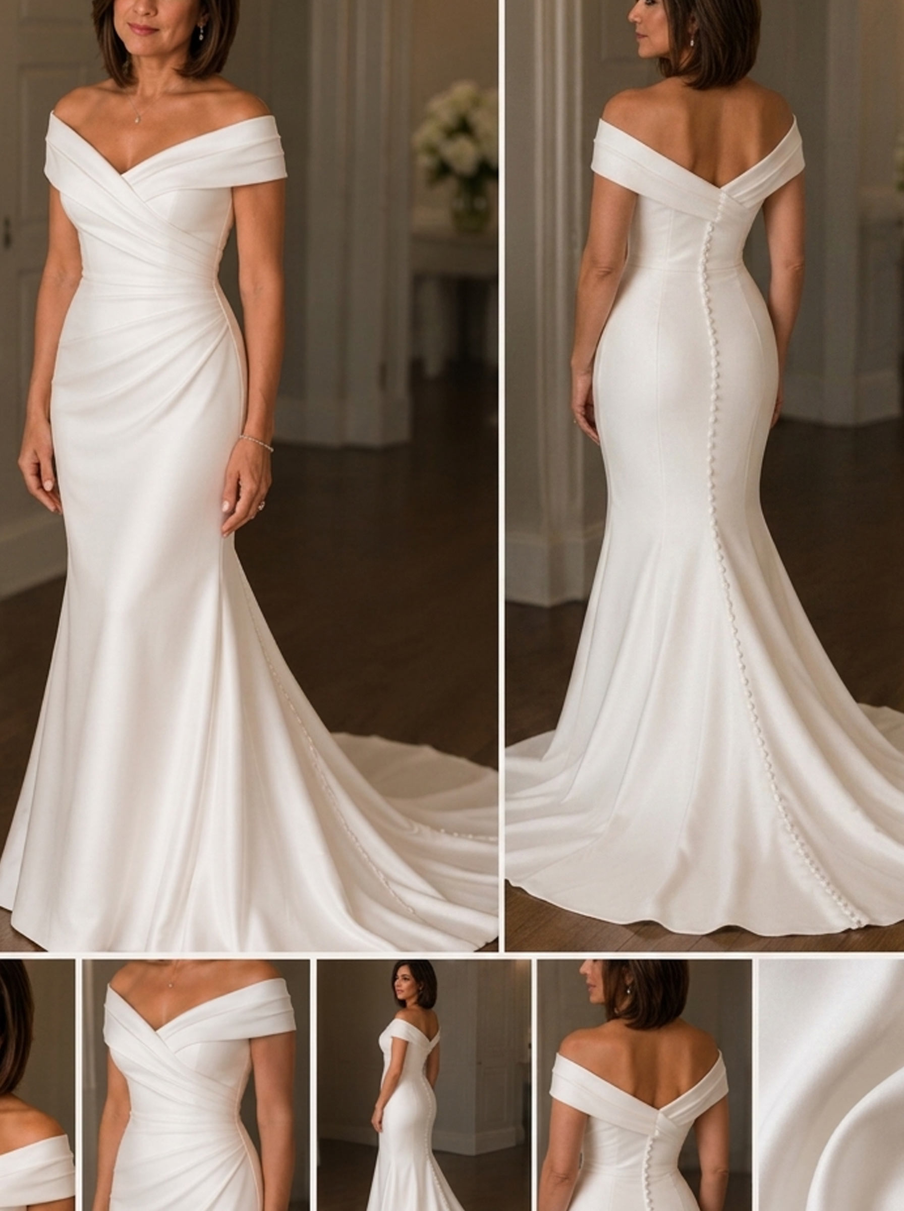 Trumpet/Mermaid V-Neck Sleeveless Court Train Crepe Satin Wedding Dress Pleated