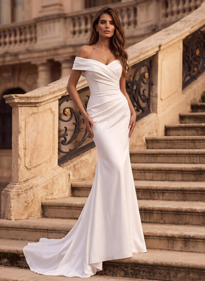 Trumpet/Mermaid V-Neck Sleeveless Sweep Train Matte Satin Wedding Dresses With Pleated