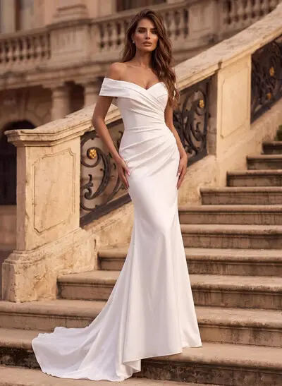 Trumpet/Mermaid V-Neck Sleeveless Sweep Train Matte Satin Wedding Dresses With Pleated