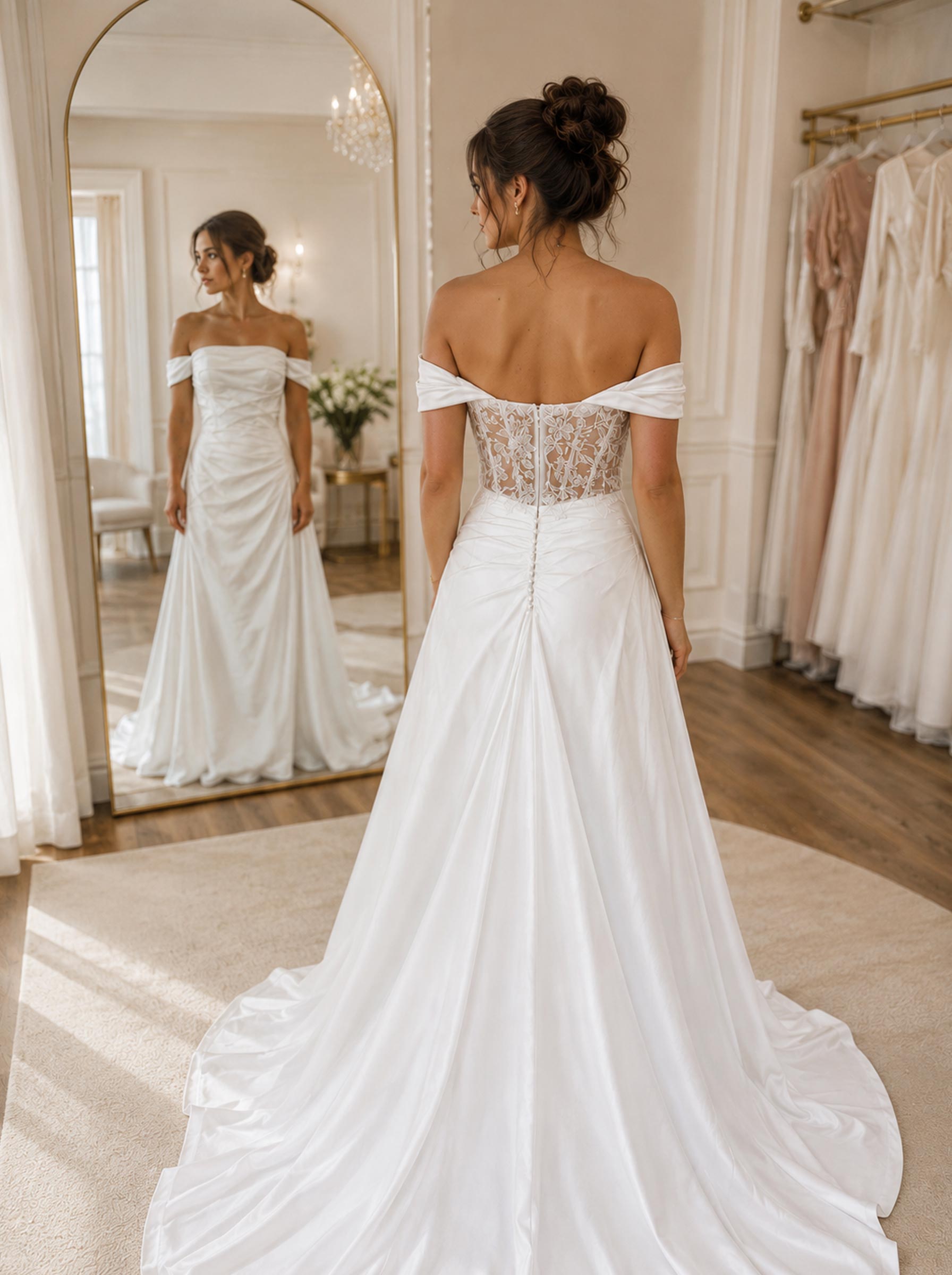 A-Line Off-The-Shoulder Sleeveless Chapel Train Lace/Satin Wedding Dress