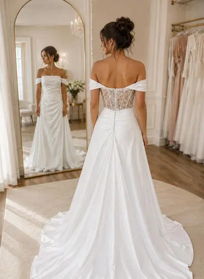 A-Line Off-The-Shoulder Sleeveless Chapel Train Lace/Satin Wedding Dress