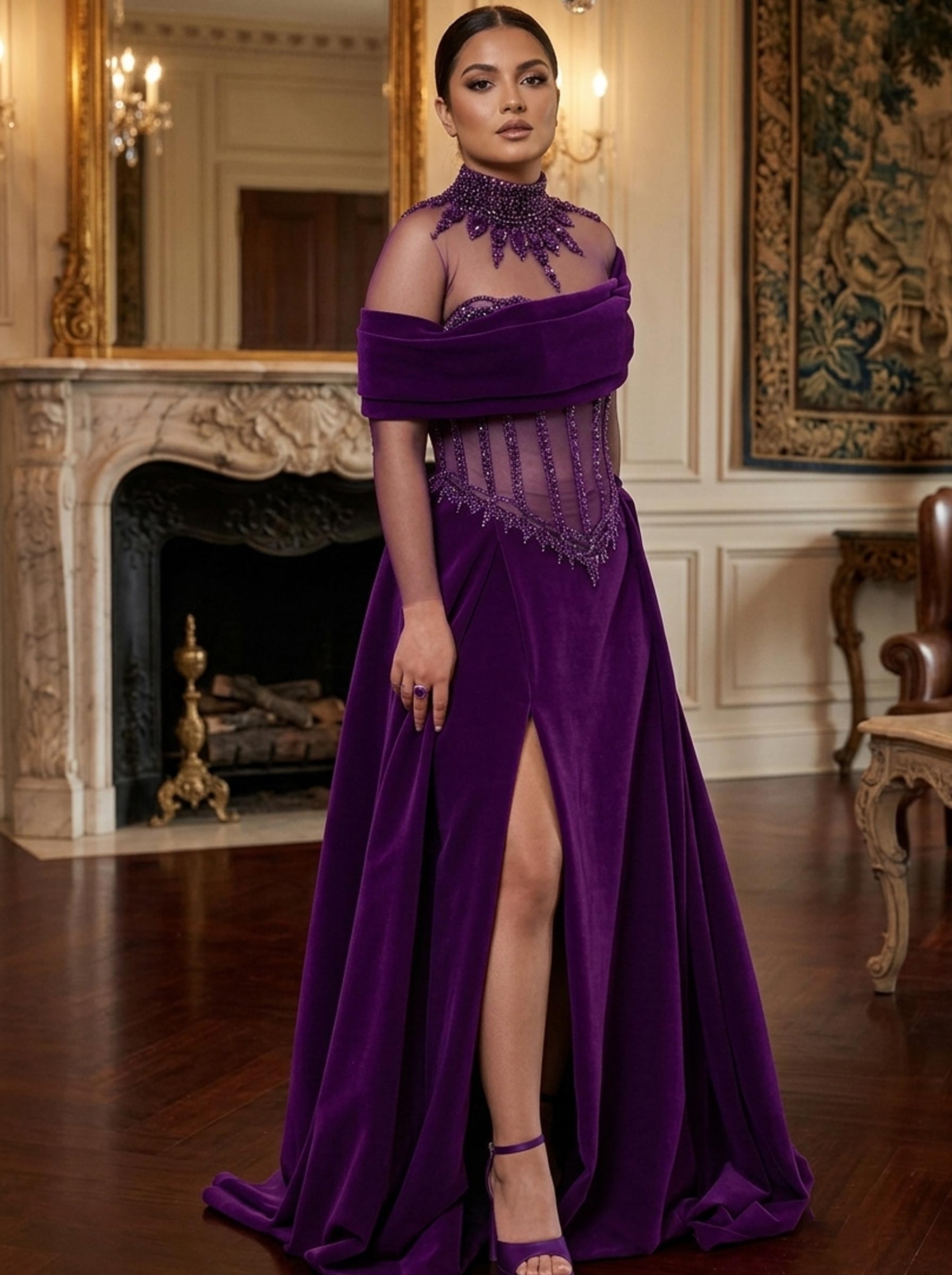 A-Line High Neck Long Sleeves Court Train Evening Dresses With Rhinestone