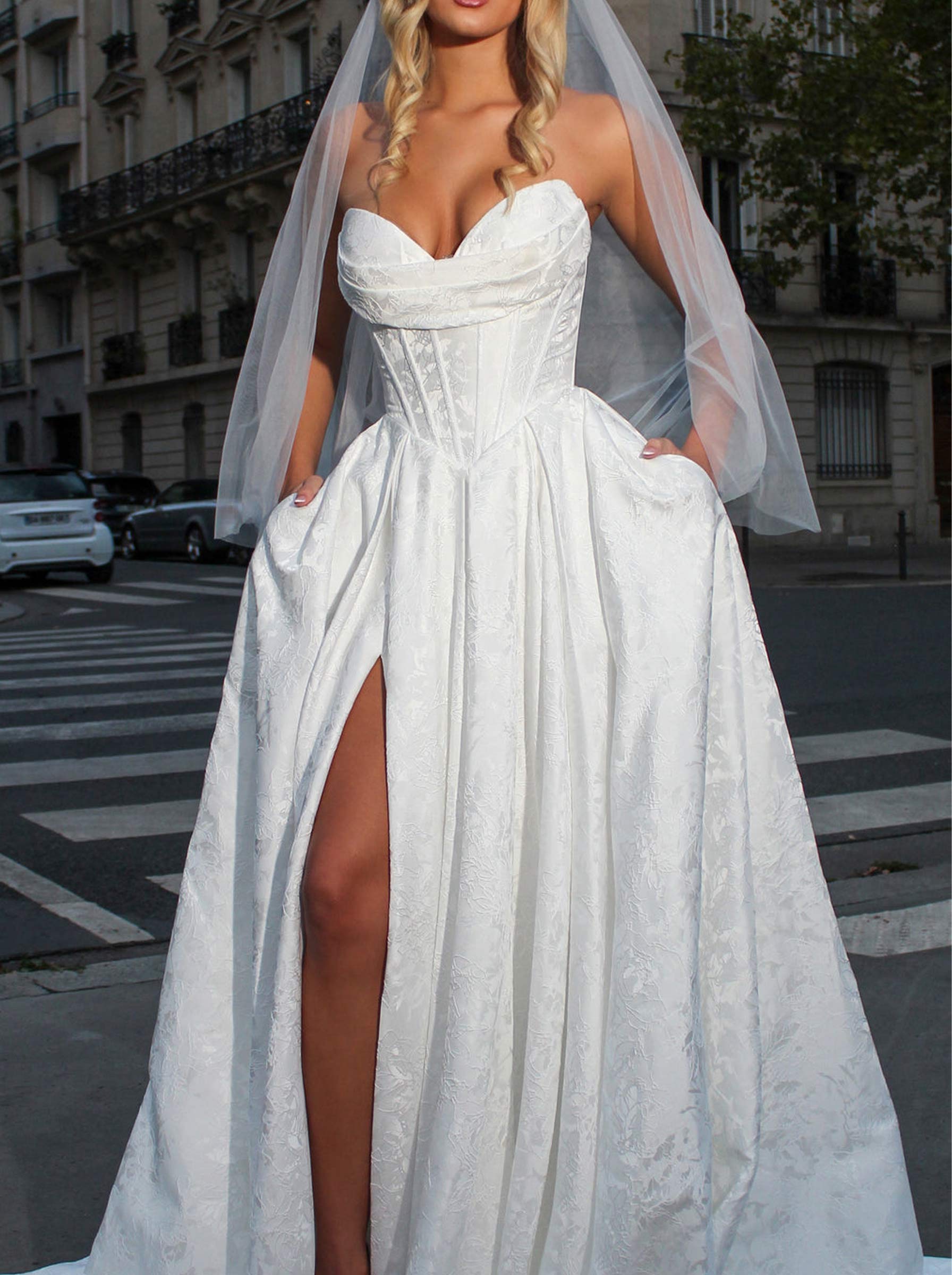 A-Line Strapless Sleeveless Chapel Train Wedding Dress With Pleated/High Split