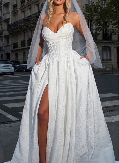 A-Line Strapless Sleeveless Chapel Train Wedding Dress With Pleated/High Split