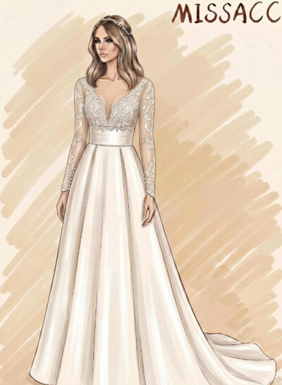 A-Line V-Neck Long Sleeves Court Train Lace/Satin/Tulle Wedding Dress With Sash