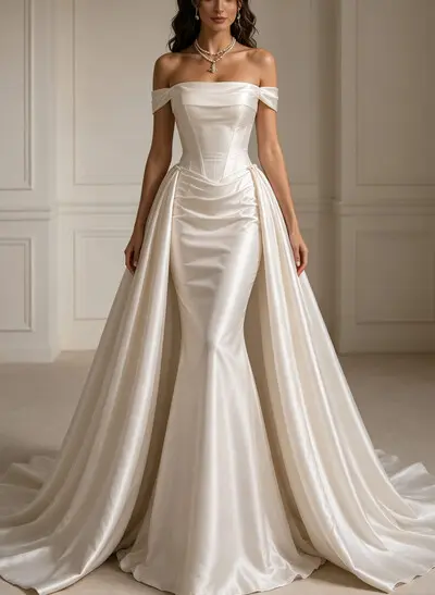 Trumpet/Mermaid Off-The-Shoulder Sleeveless Chapel Train Satin Wedding Dresses