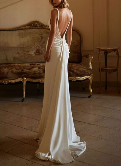 Sheath/Column Sweetheart Sleeveless Court Train Crepe Satin Wedding Dress With Beading