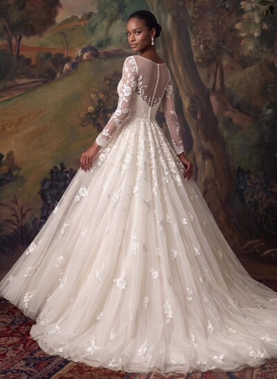 A-Line Illusion Neck Long Sleeves Sweep Train Lace/Tulle Wedding Dresses With Appliques Lace